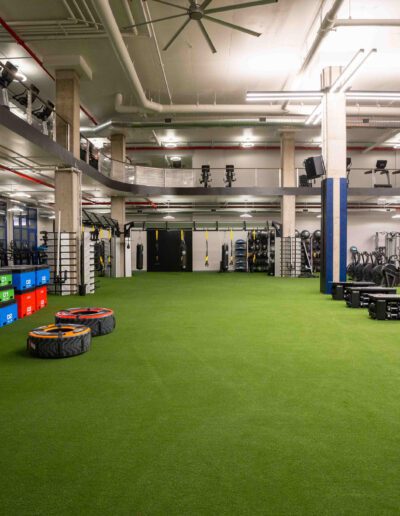 A gym with a green carpet and equipment.