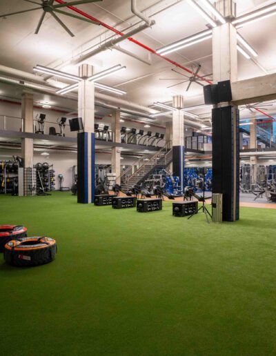 A gym with a green carpet and equipment.