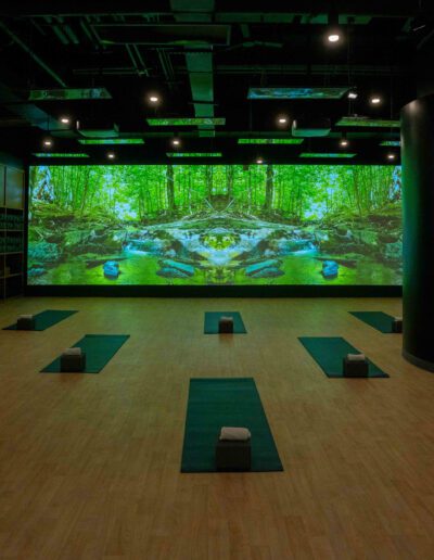 A large room with a green screen and yoga mats.